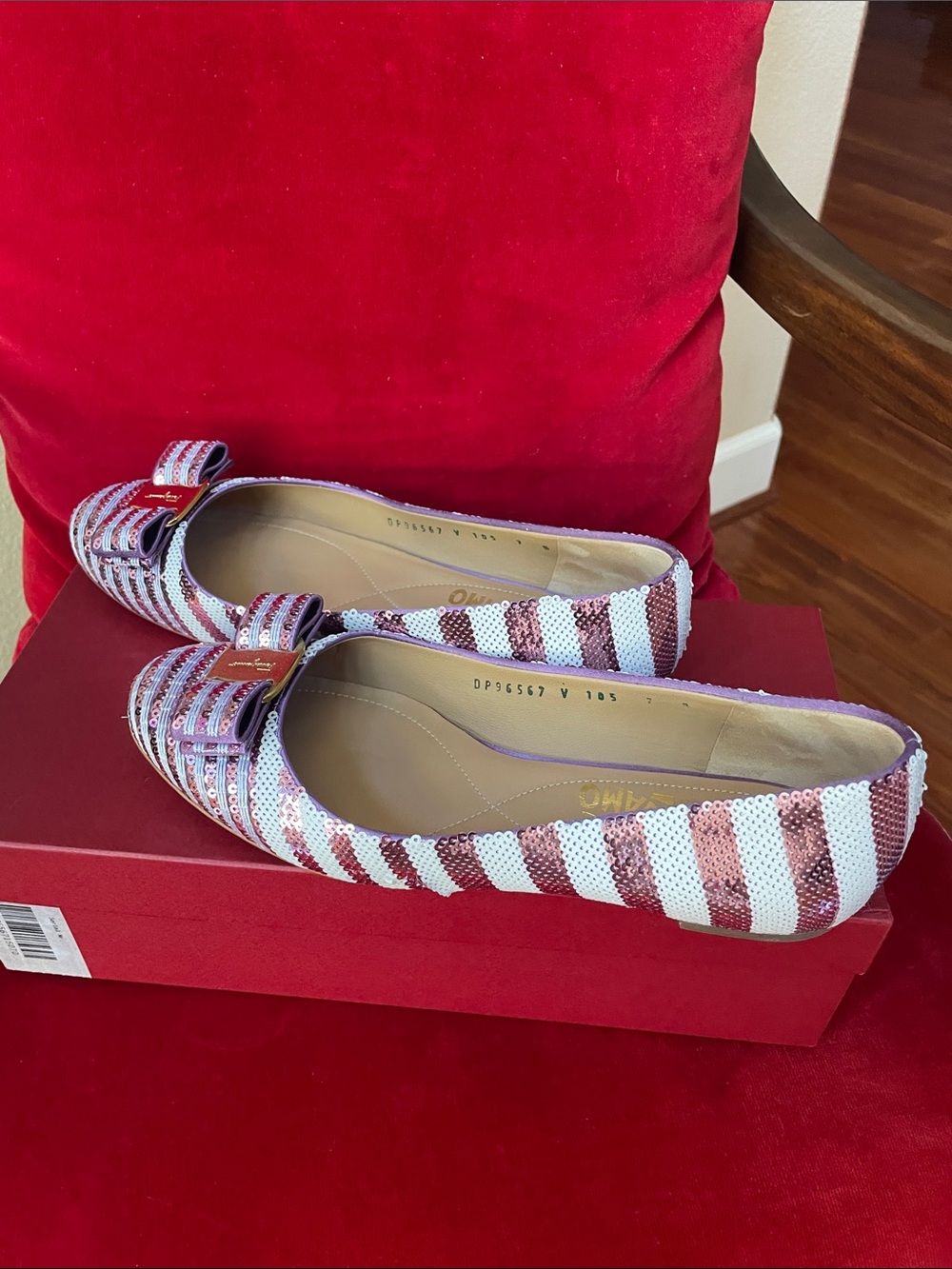 Salvatore Ferragamo shiny Striped lavender , White and Purple Vara Bow Flats - Picture 2 of 5